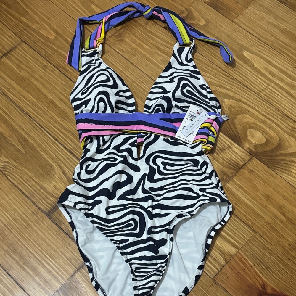NWT Trina Turk Size 10 Zebra Cross-Back One-Piece Swimsuit - Picture 2 of 5